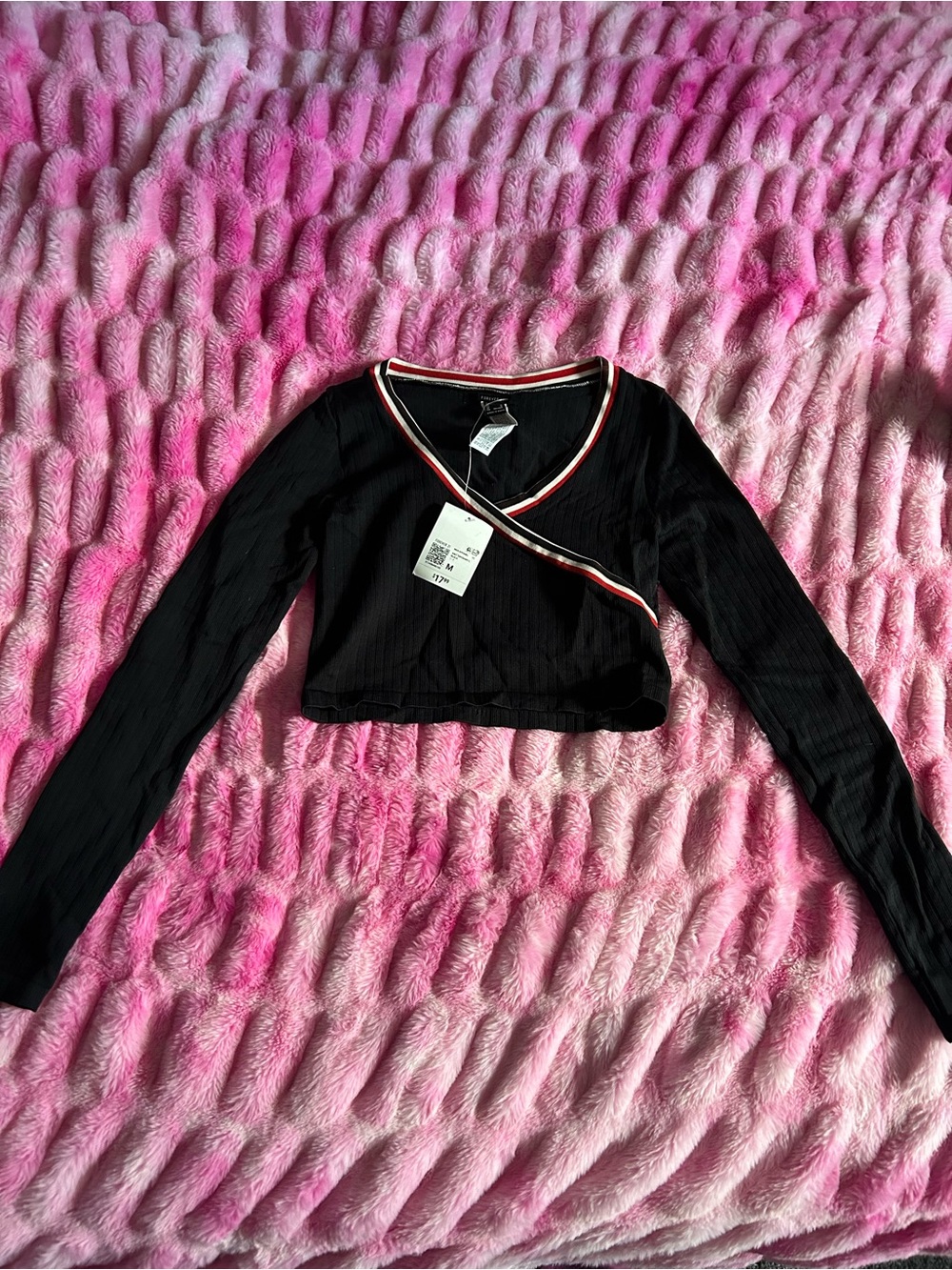 Forever 21 Black Ribbed Wrap Crop Top with Red and White Trim